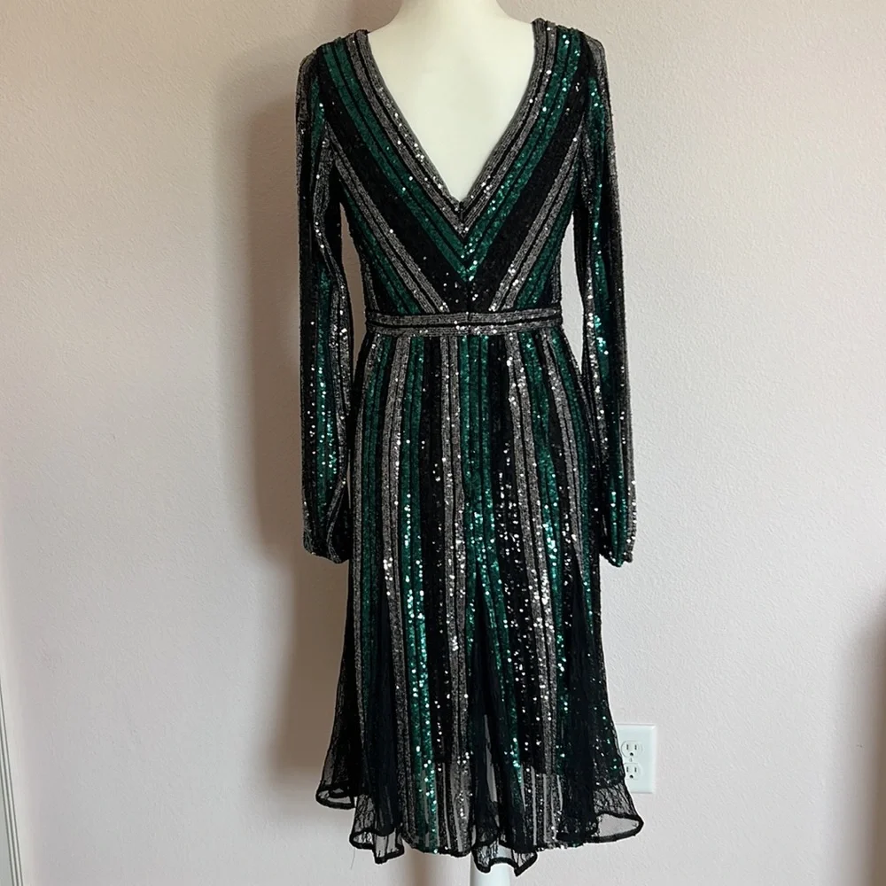 Marchesa Notte Sequin Lace Black Green Silver Dress - Picture 3 of 7